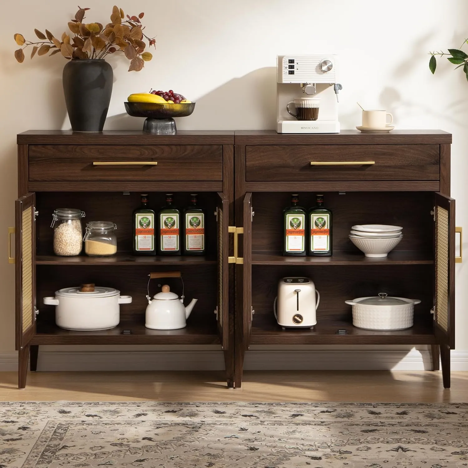 SICOTAS Sideboard Buffet Cabinet Set of 2, Wooden Credenza Storage Cabinet with Drawers and Metal Mesh Doors, Mid Century Modern Console Coffee Bar for Living Room and Entryway, Espresso Walnut