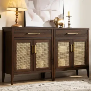SICOTAS Sideboard Buffet Cabinet Set of 2, Wooden Credenza Storage Cabinet with Drawers and Metal Mesh Doors, Mid Century Modern Console Coffee Bar for Living Room and Entryway, Espresso Walnut