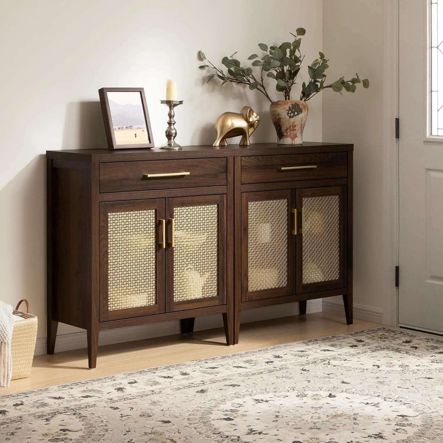 SICOTAS Sideboard Buffet Cabinet Set of 2, Wooden Credenza Storage Cabinet with Drawers and Metal Mesh Doors, Mid Century Modern Console Coffee Bar for Living Room and Entryway, Espresso Walnut