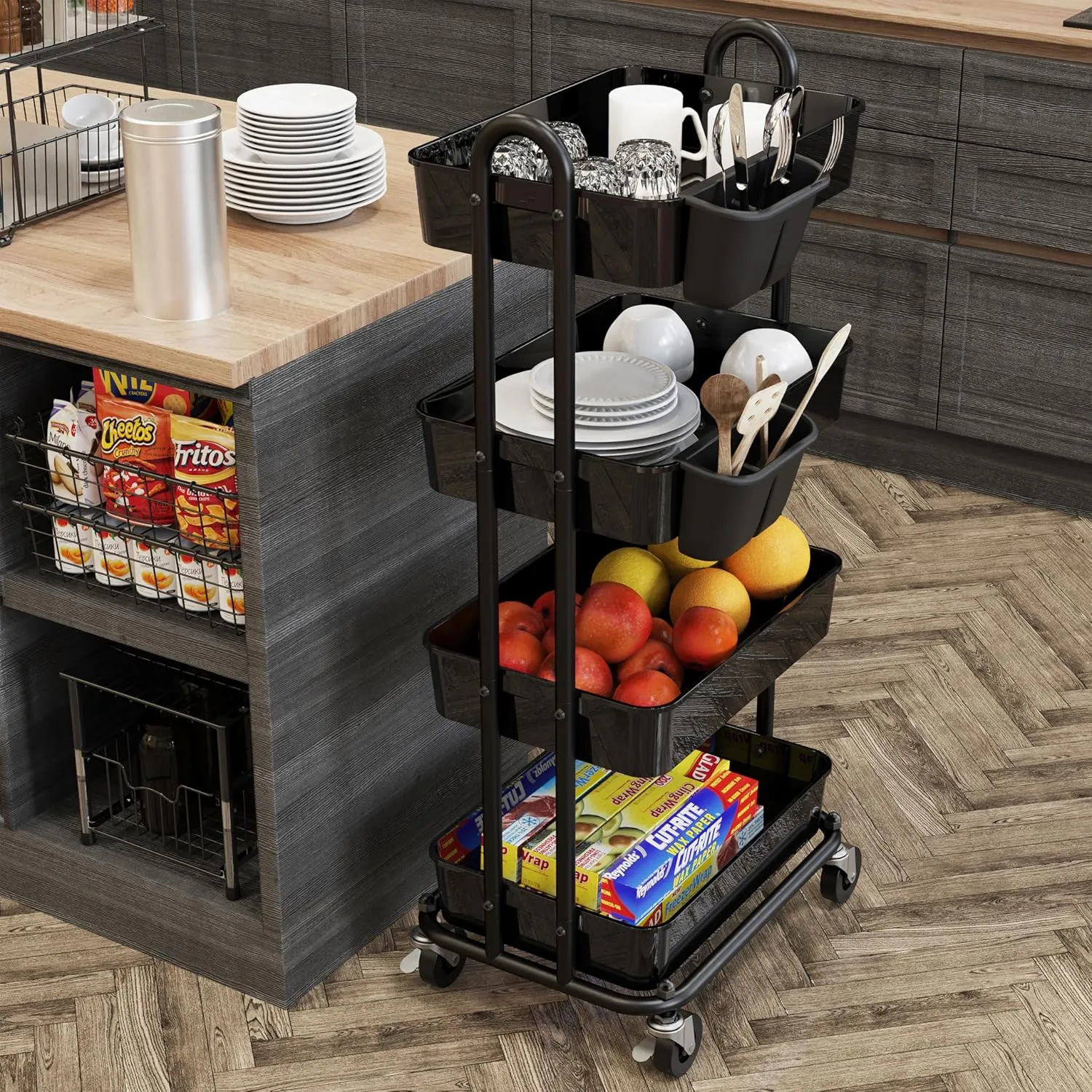 Simple Houseware 4-Tier Multifunctional Rolling Utility Cart with Hanging Buckets, Black