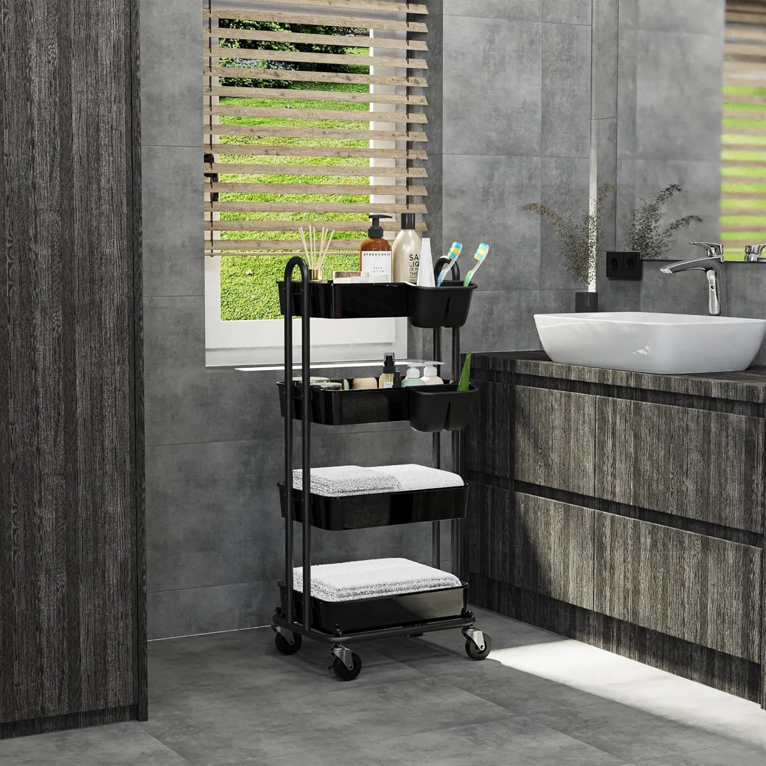 Simple Houseware 4-Tier Multifunctional Rolling Utility Cart with Hanging Buckets, Black