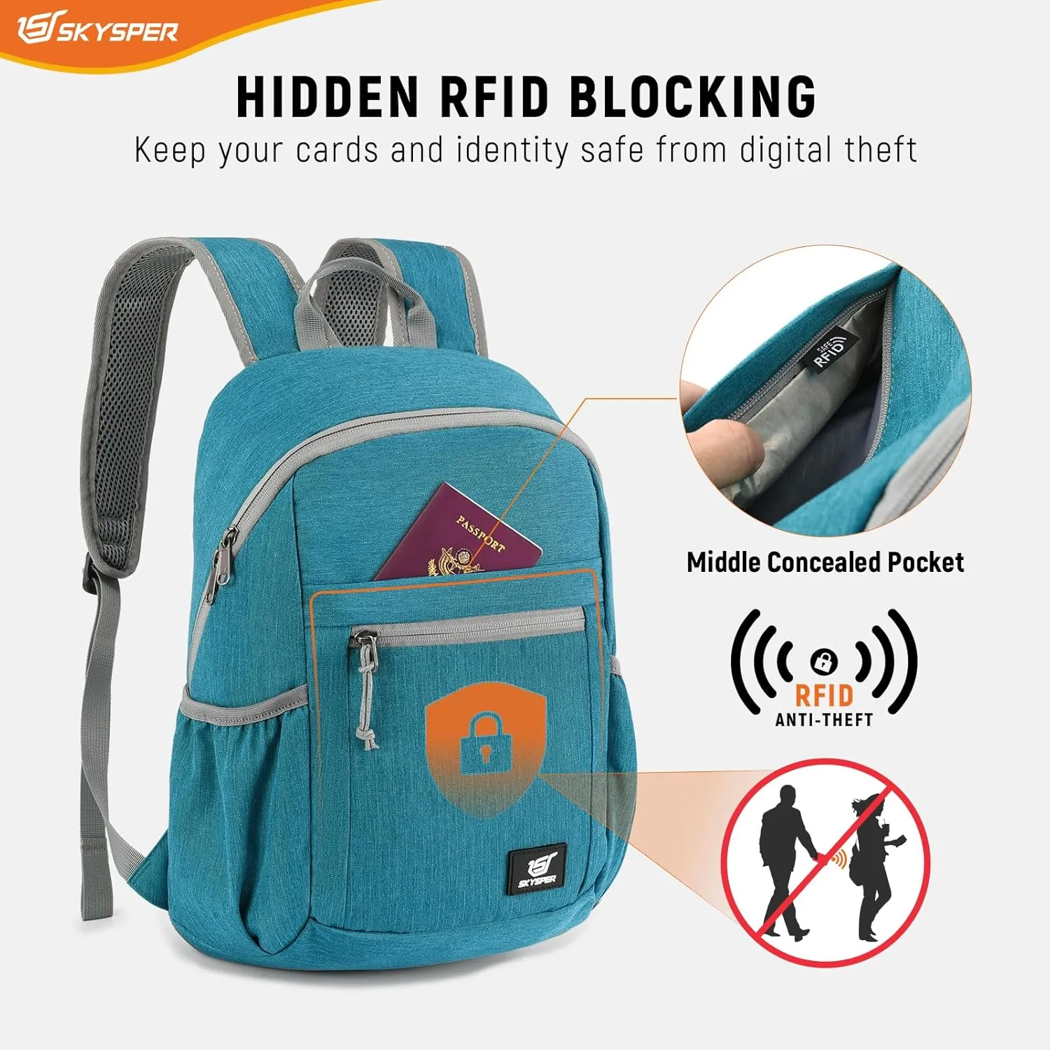 SKYSPER Anti Theft Hiking Backpack RFID Packable Travel Daypack Lightweight Foldable Back Pack for Walking Daytrip