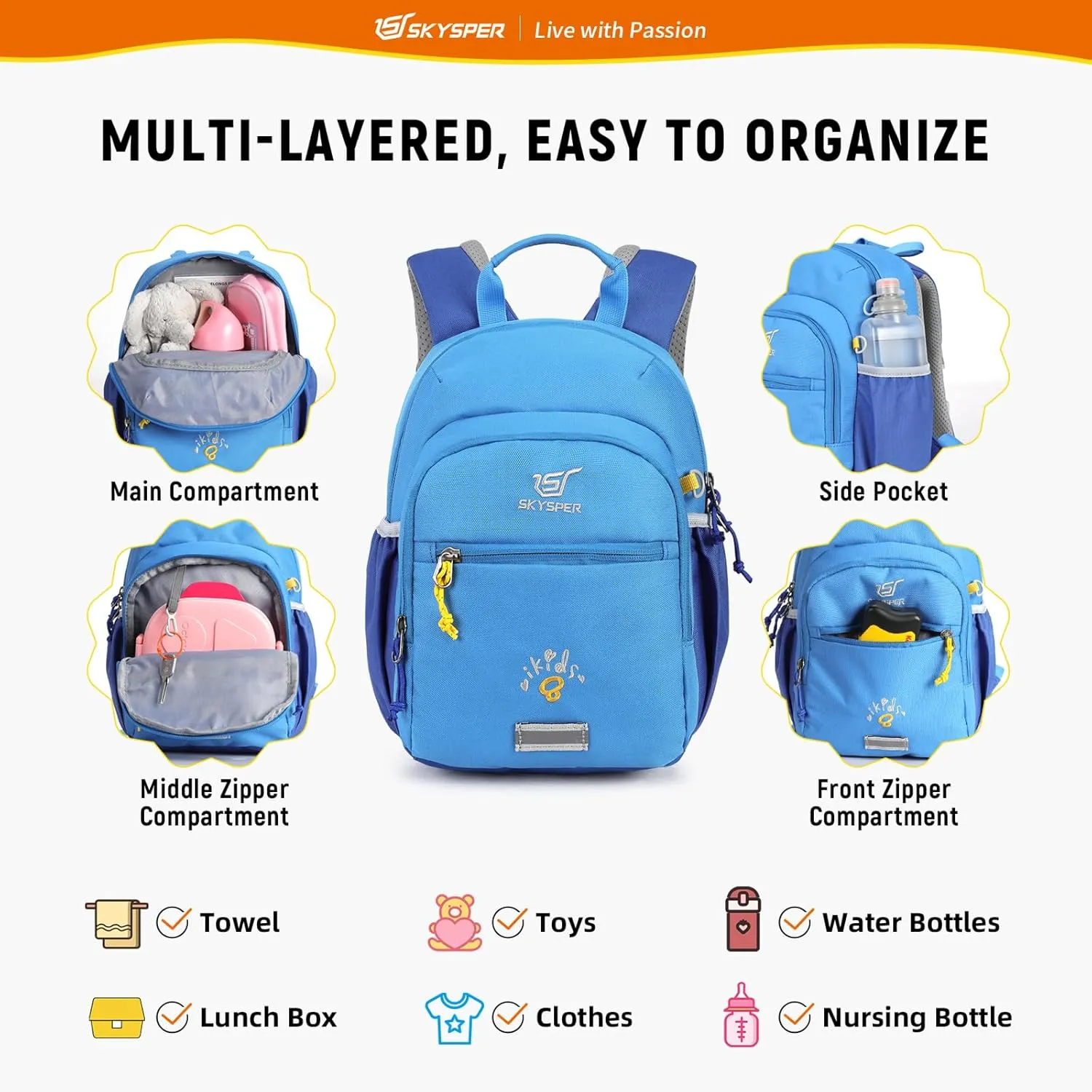 SKYSPER Toddler Backpack for Boys Girls Kids Travel Backpack Preschool Kindergarten Travel Daypack(Blue)