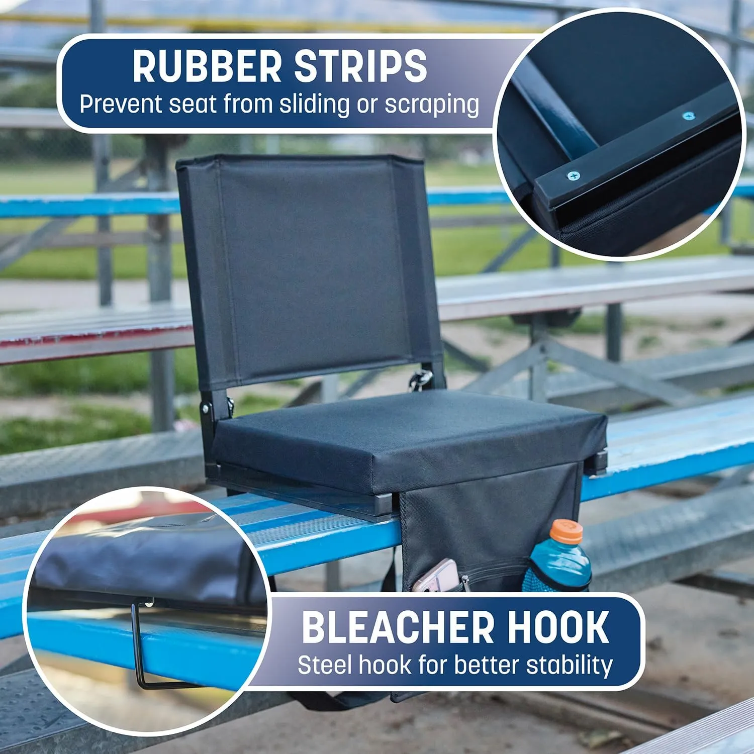 Skywalker Sports Foldable and Portable Stadium Seat, Cushion for Bleachers, Back Support, Drink Holder and Pocket, Carrying Strap, High Density Padding, Black, 1 Pack