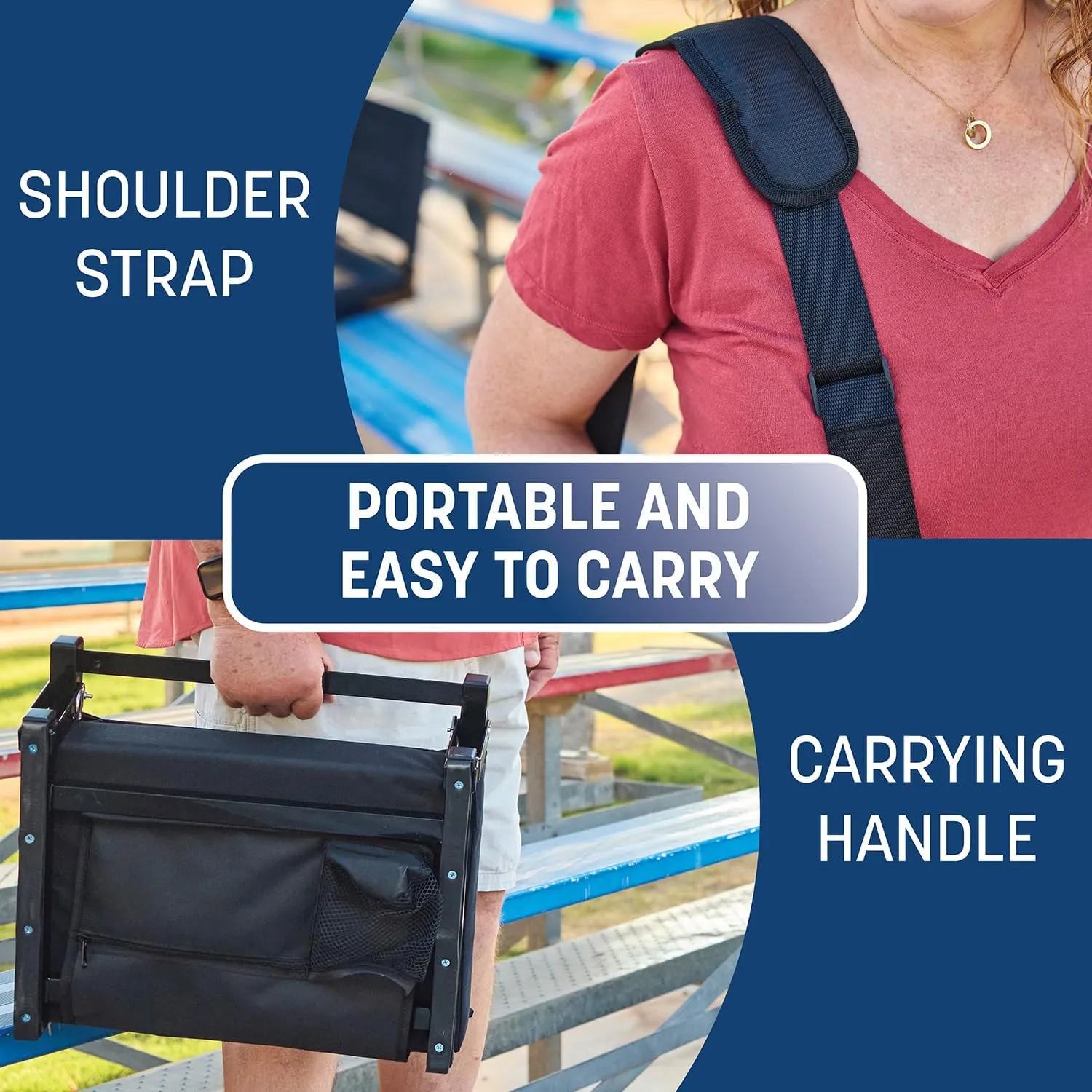 Skywalker Sports Foldable and Portable Stadium Seat, Cushion for Bleachers, Back Support, Drink Holder and Pocket, Carrying Strap, High Density Padding, Black, 1 Pack