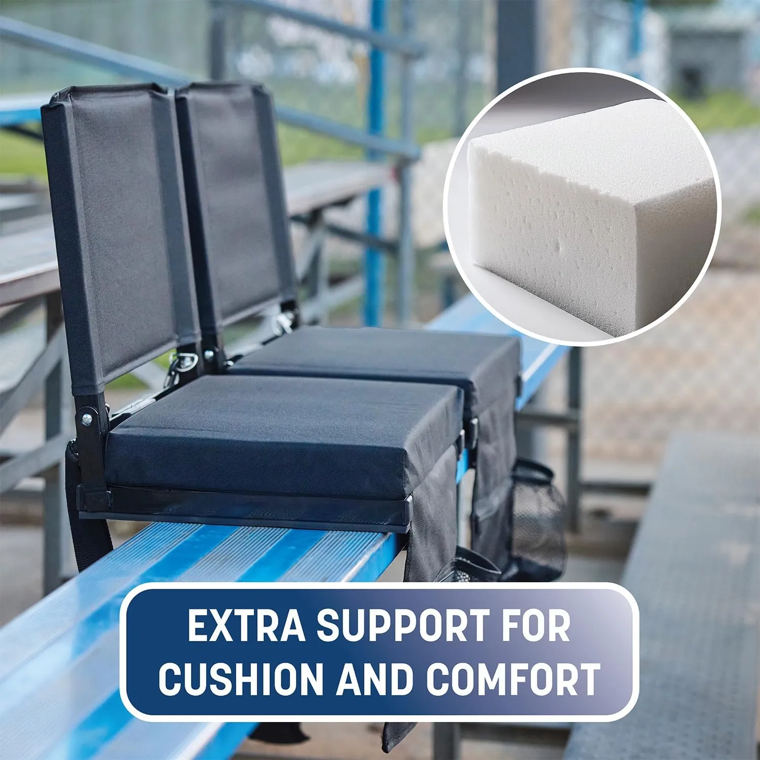 Skywalker Sports Foldable and Portable Stadium Seat, Cushion for Bleachers, Back Support, Drink Holder and Pocket, Carrying Strap, High Density Padding, Black, 1 Pack