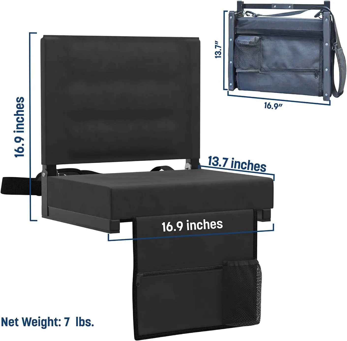 Skywalker Sports Foldable and Portable Stadium Seat, Cushion for Bleachers, Back Support, Drink Holder and Pocket, Carrying Strap, High Density Padding, Black, 1 Pack