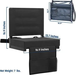 Skywalker Sports Foldable and Portable Stadium Seat, Cushion for Bleachers, Back Support, Drink Holder and Pocket, Carrying Strap, High Density Padding, Black, 1 Pack