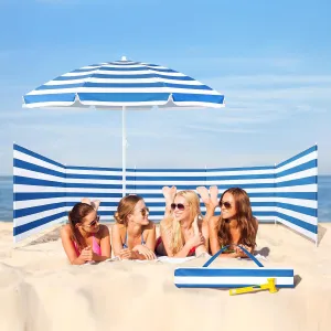 Sliner 18.7ft Beach Wind Screen with 5.5ft Beach Umbrella Outdoor Set, Beach Wind Blocker with Umbrellas for Sand UV 50  Portable Windscreen Sunbathing Privacy Screen with Bag Hammer, Blue White