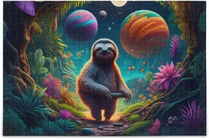 Sloth Jungle Flowers Teal Puzzles for Adults 1000 Pieces Challenging Jigsaw Puzzle Unique Adult Puzzles Letter on Back for Family Women Elders Seniors Men