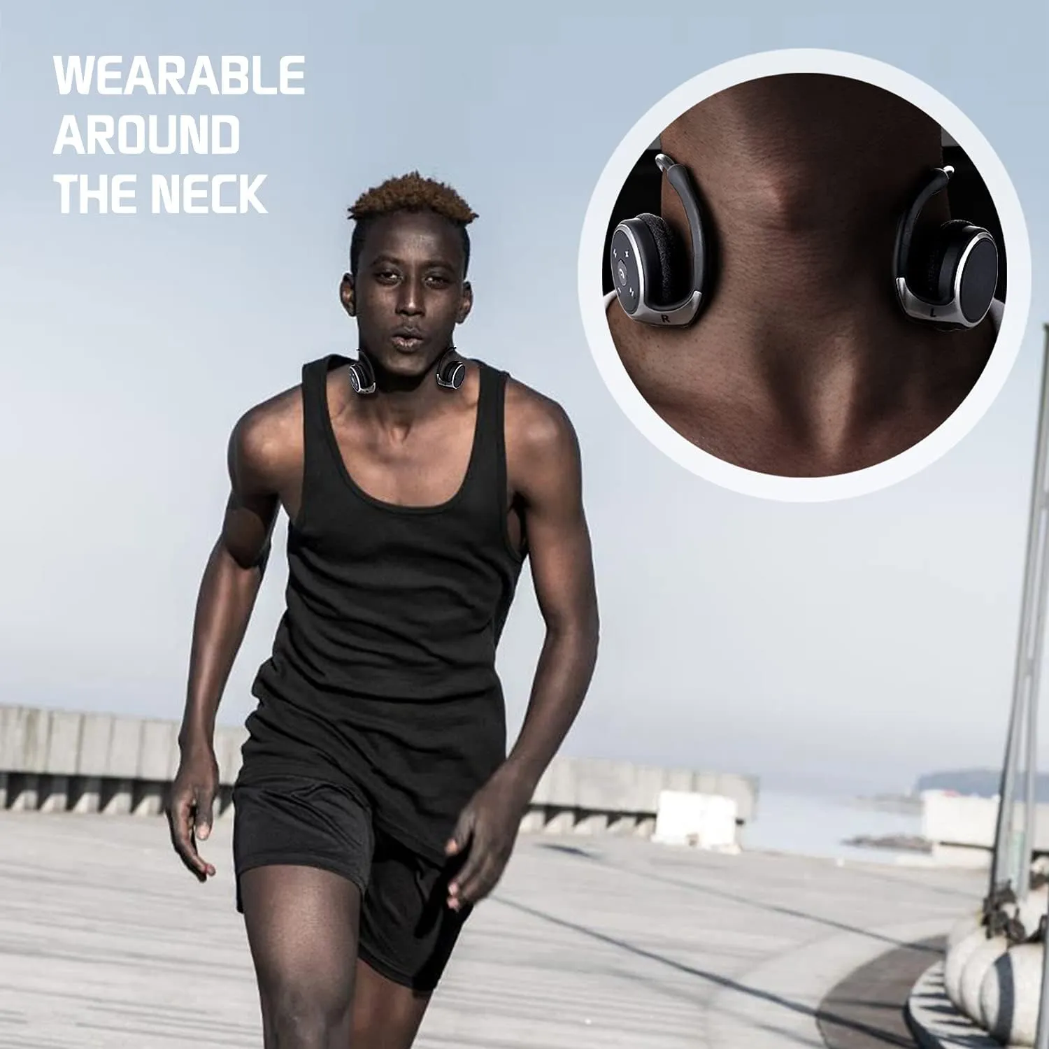 Small Bluetooth Headphones Wrap Around Head - Sports Wireless Headset with Built in Microphone and Crystal-Clear Sound, Foldable and Carried in The Purse, and 12-Hour Battery Life, Black