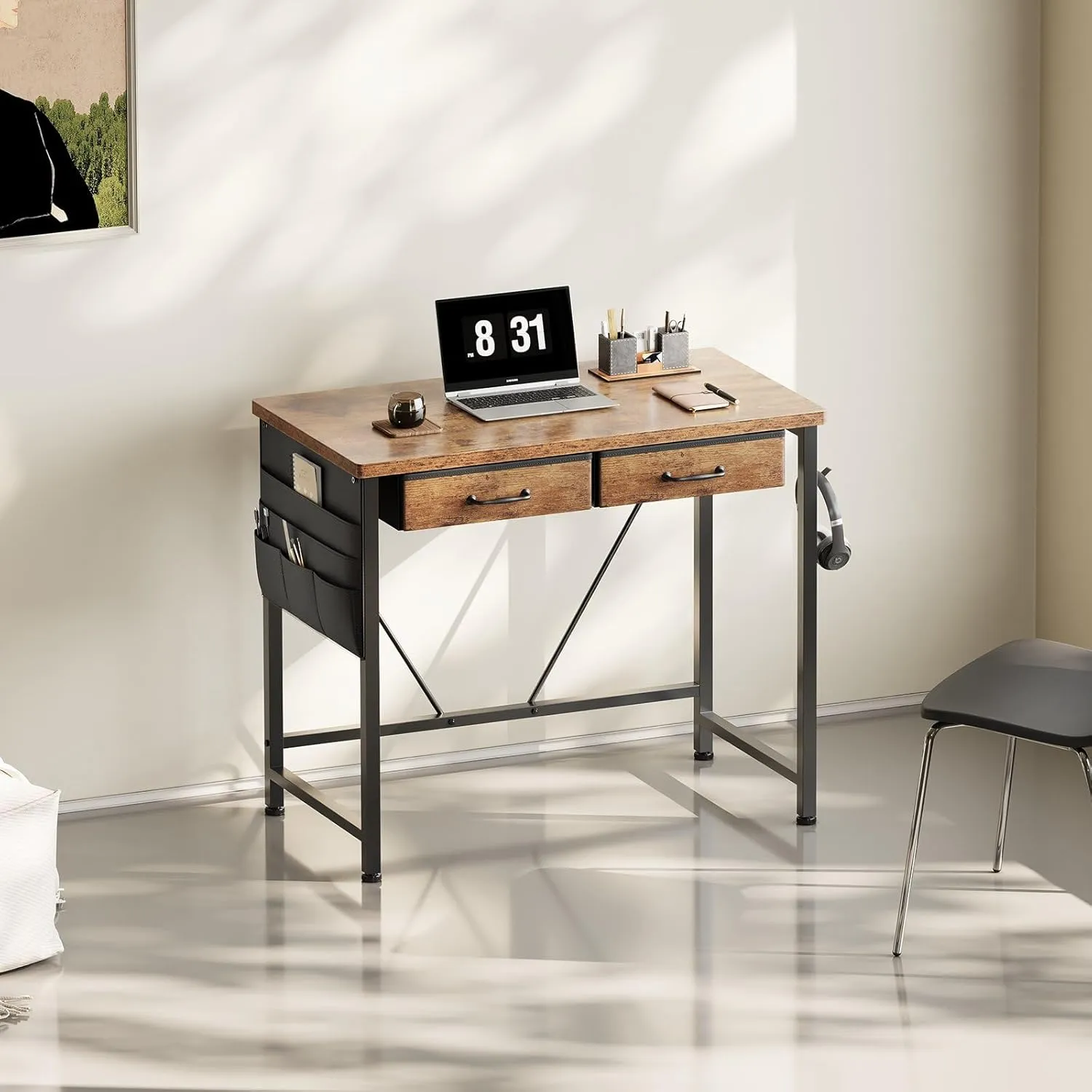 Small Desk with Drawers, 31.5 inch Small Computer Desk with Drawers, Writing Desk with Drawers for Small Spaces, Compact Desk for Small Spaces, Metal Frame for PC Laptop, Rustic Brown2