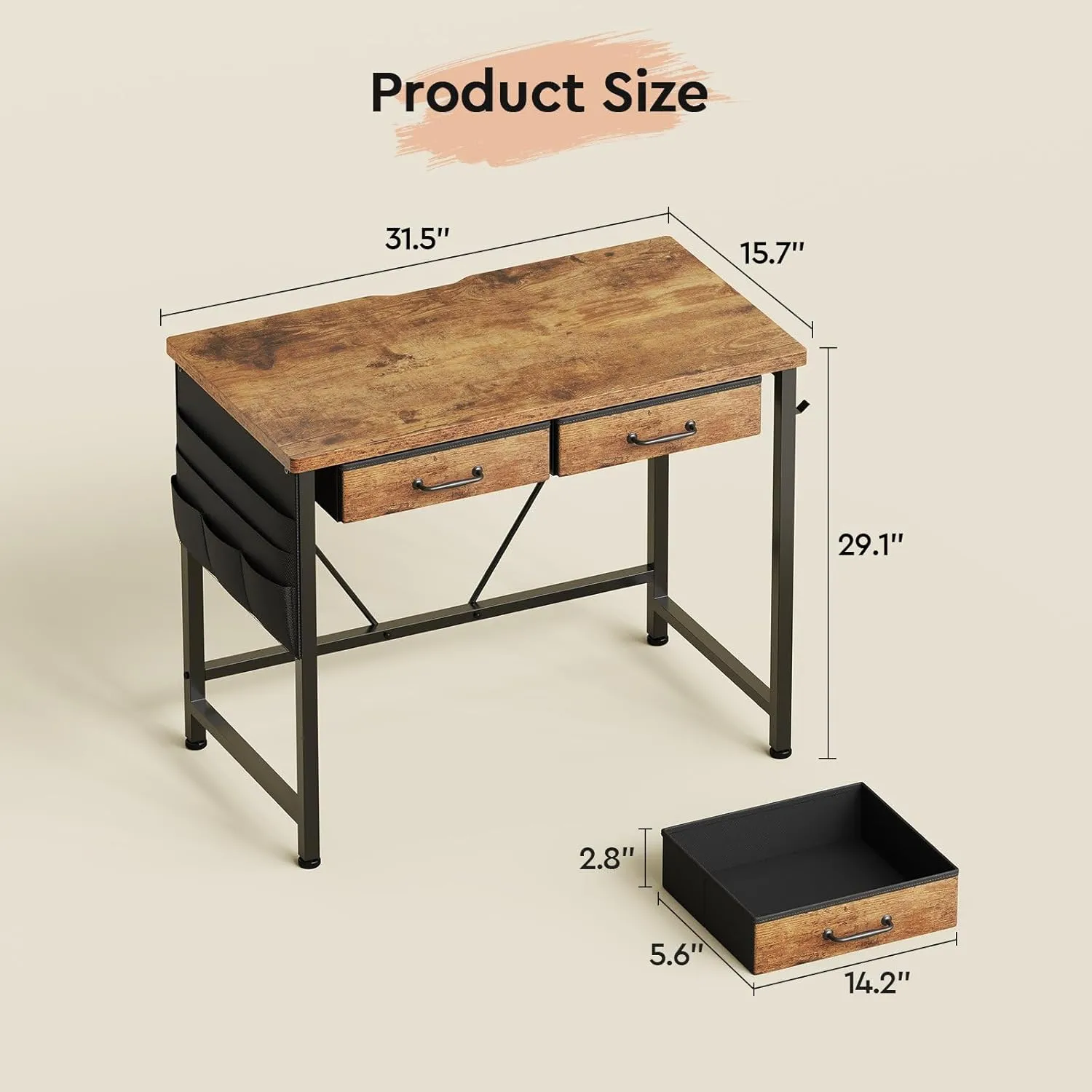 Small Desk with Drawers, 31.5 inch Small Computer Desk with Drawers, Writing Desk with Drawers for Small Spaces, Compact Desk for Small Spaces, Metal Frame for PC Laptop, Rustic Brown2