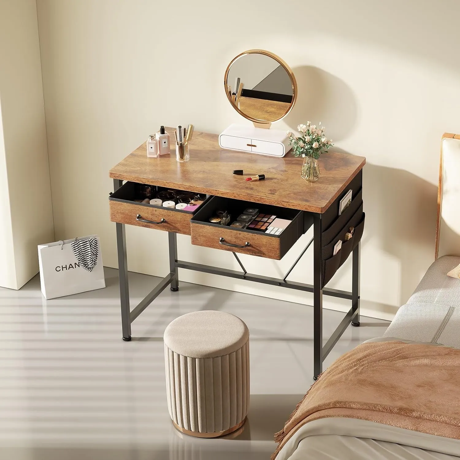 Small Desk with Drawers, 31.5 inch Small Computer Desk with Drawers, Writing Desk with Drawers for Small Spaces, Compact Desk for Small Spaces, Metal Frame for PC Laptop, Rustic Brown2