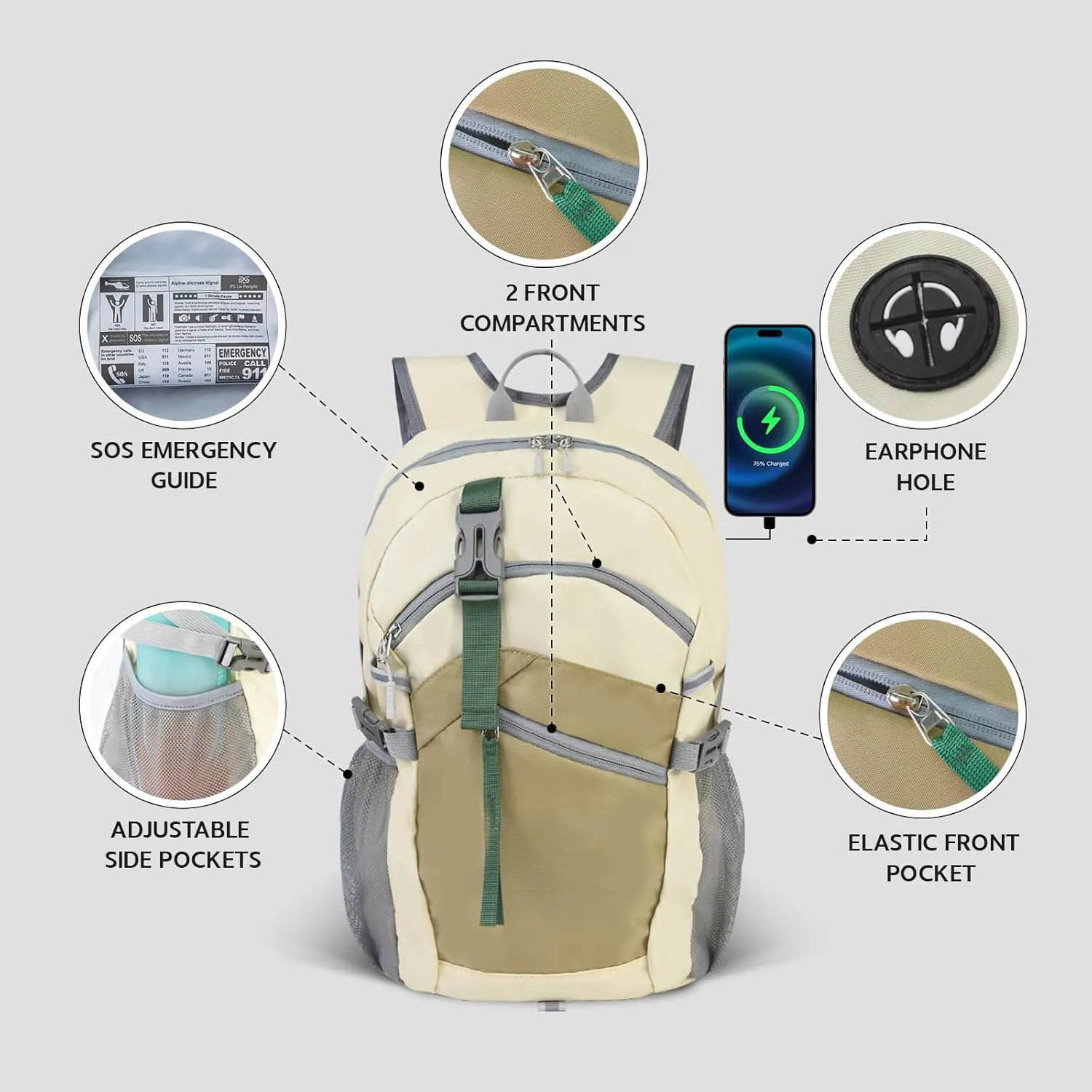 Small Hiking Backpack, 20L Lightweight Travel Backpack with Phone Pocket, Hiking Daypack for Women Men (Beige)