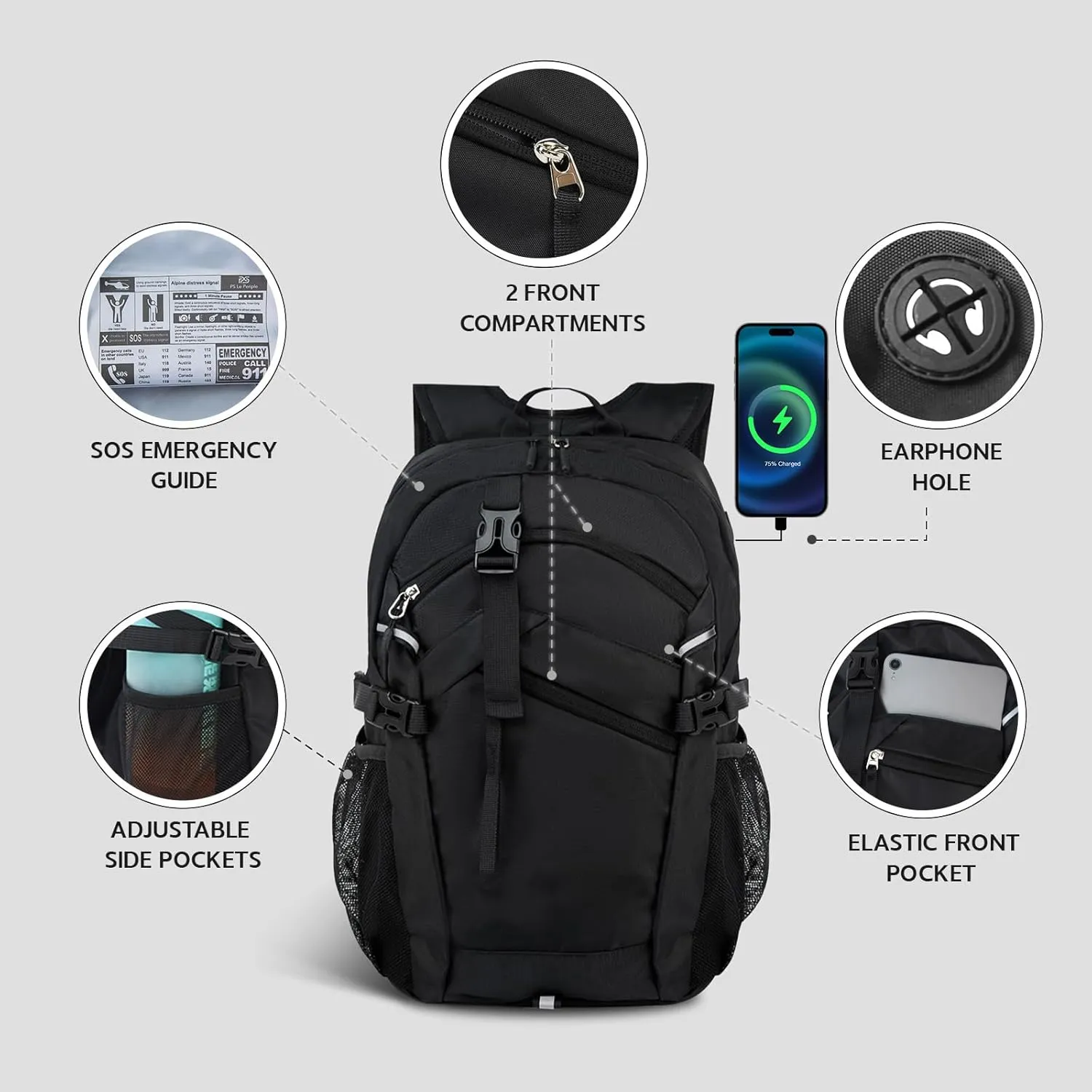 Small Hiking Backpack, 20L Lightweight Travel Backpack with Phone Pocket, Hiking Daypack for Women Men (Black)