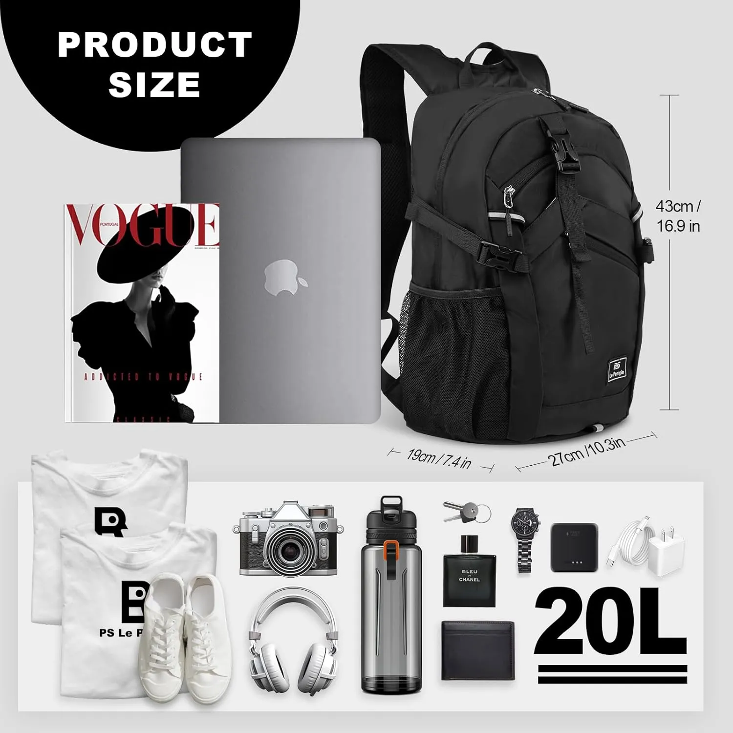 Small Hiking Backpack, 20L Lightweight Travel Backpack with Phone Pocket, Hiking Daypack for Women Men (Black)