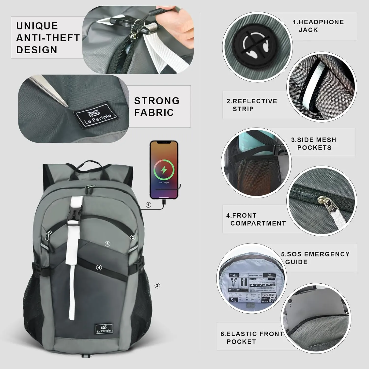 Small Hiking Backpack, 20L Lightweight Travel Backpack with Phone Pocket, Hiking Daypack for Women Men (Grey)