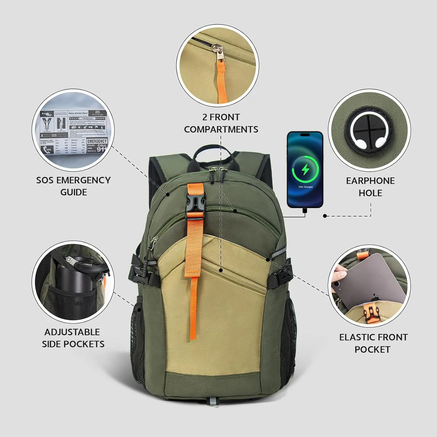 Small Hiking Backpack, 20L Lightweight Travel Backpack with Phone Pocket, Hiking Daypack for Women Men (Olive green)