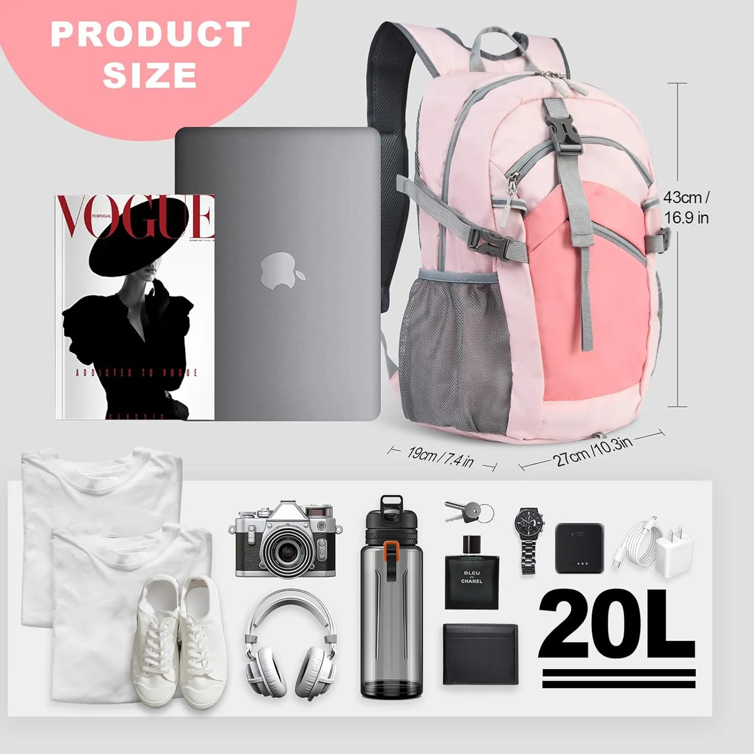 Small Hiking Backpack, 20L Lightweight Travel Backpack with Phone Pocket, Hiking Daypack for Women Men (Pink)