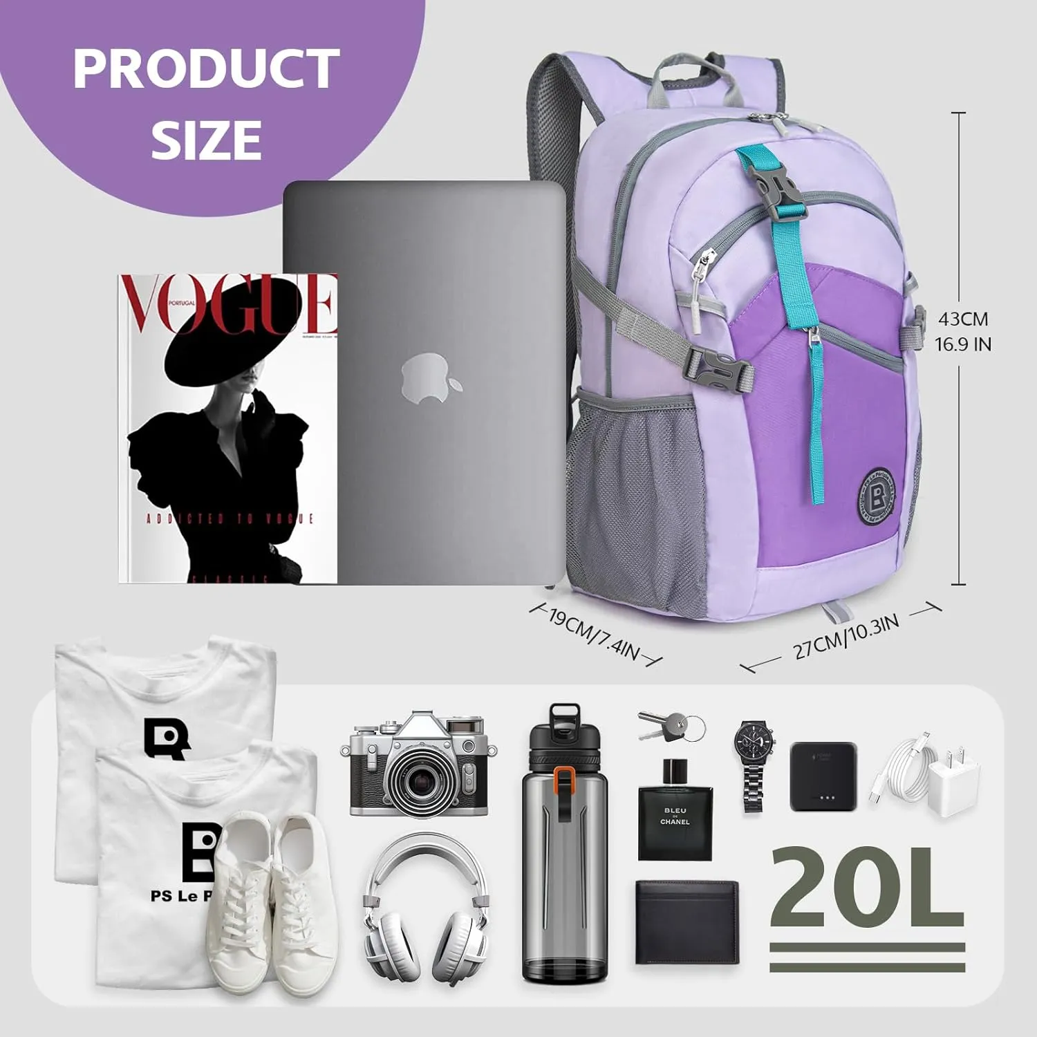 Small Hiking Backpack, 20L Lightweight Travel Backpack with Phone Pocket, Hiking Daypack for Women Men (Purple)