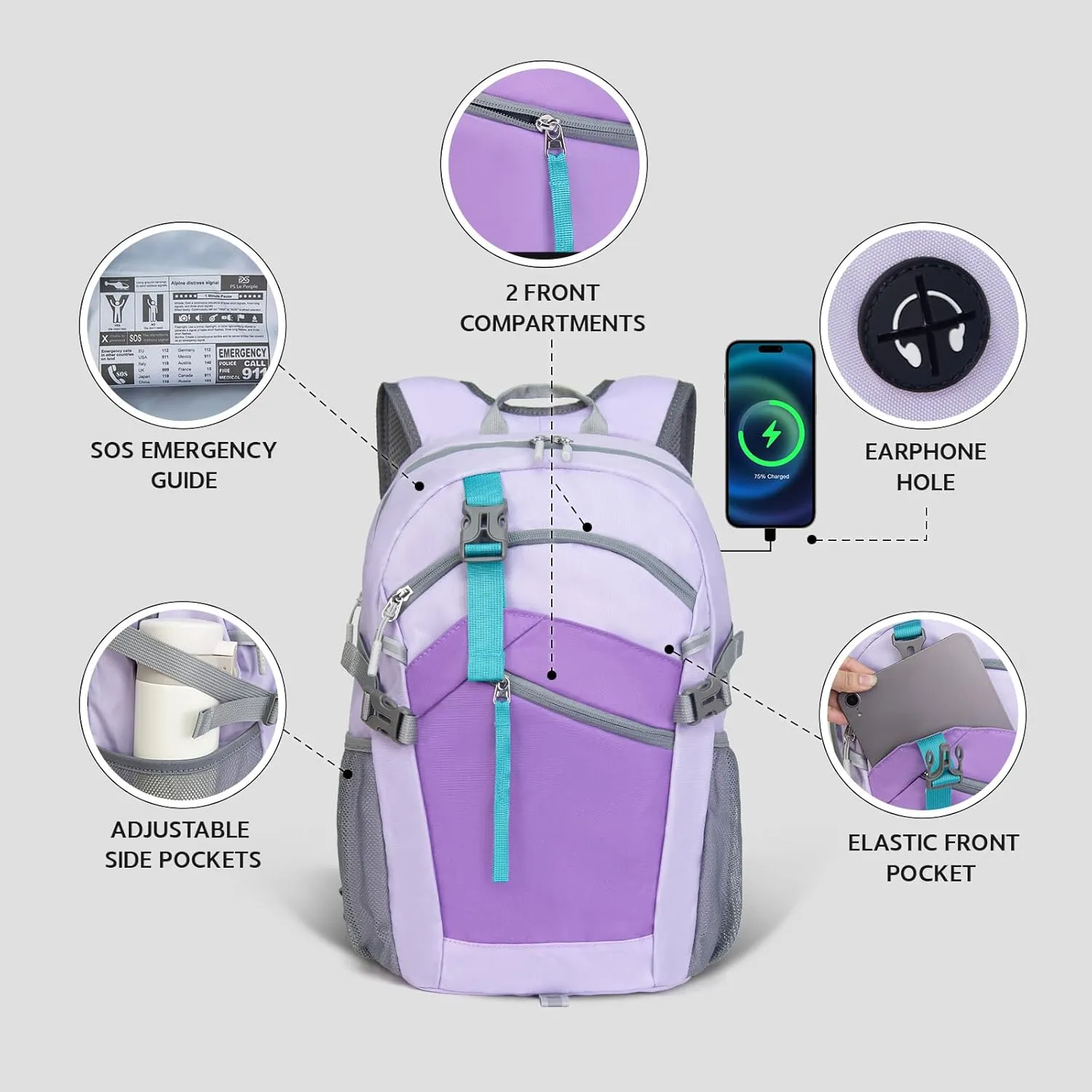 Small Hiking Backpack, 20L Lightweight Travel Backpack with Phone Pocket, Hiking Daypack for Women Men (Purple)