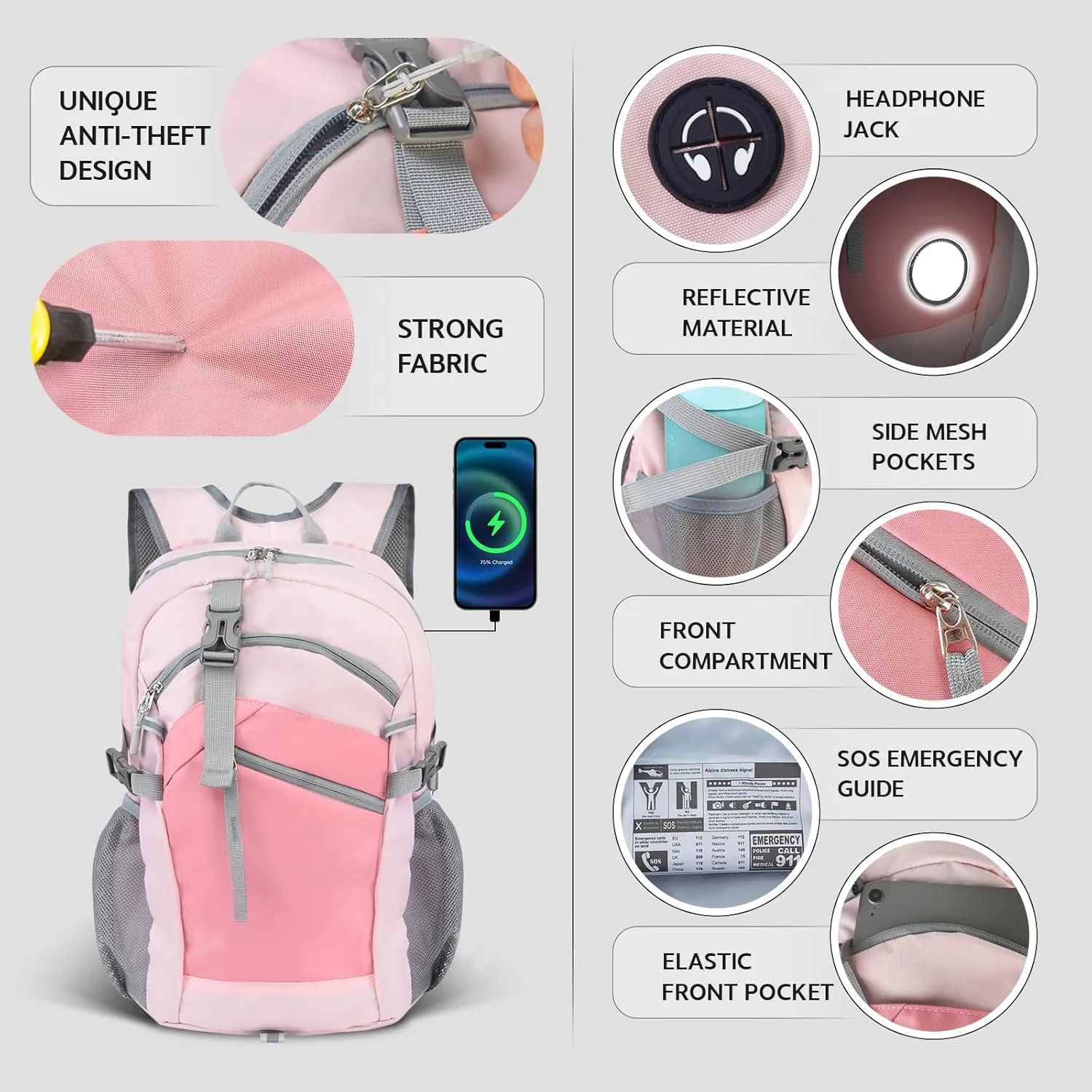 Small Hiking Backpack, 20L Lightweight Travel Backpack with Phone Pocket, Hiking Daypack for Women Men,Pink