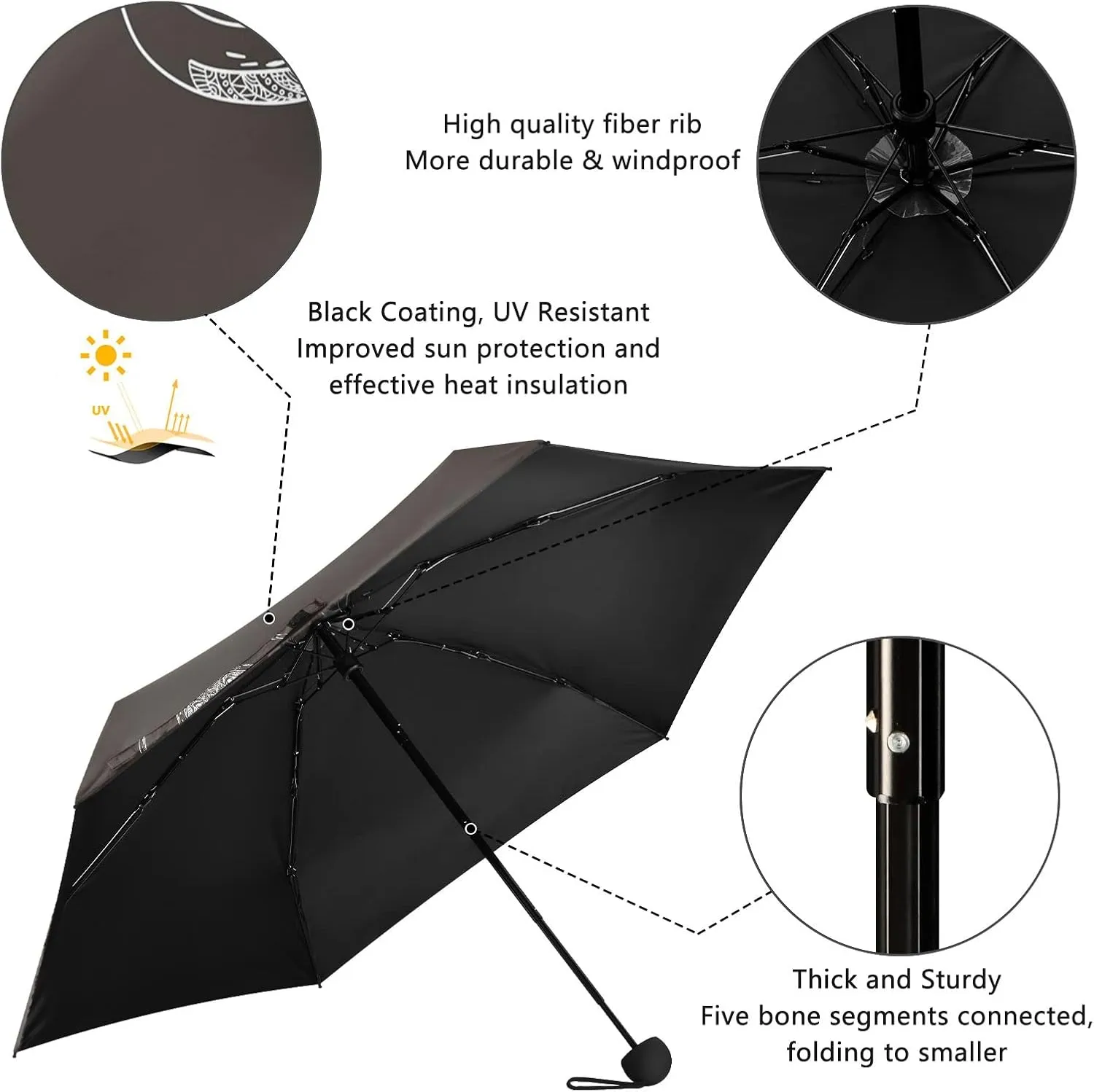 Small Mini Anti-UV Compact Travel Umbrella, 5 Folding Ultra-Light Umbrella, 6 Ribs Pocket Windproof Foldable Vinyl Parasol