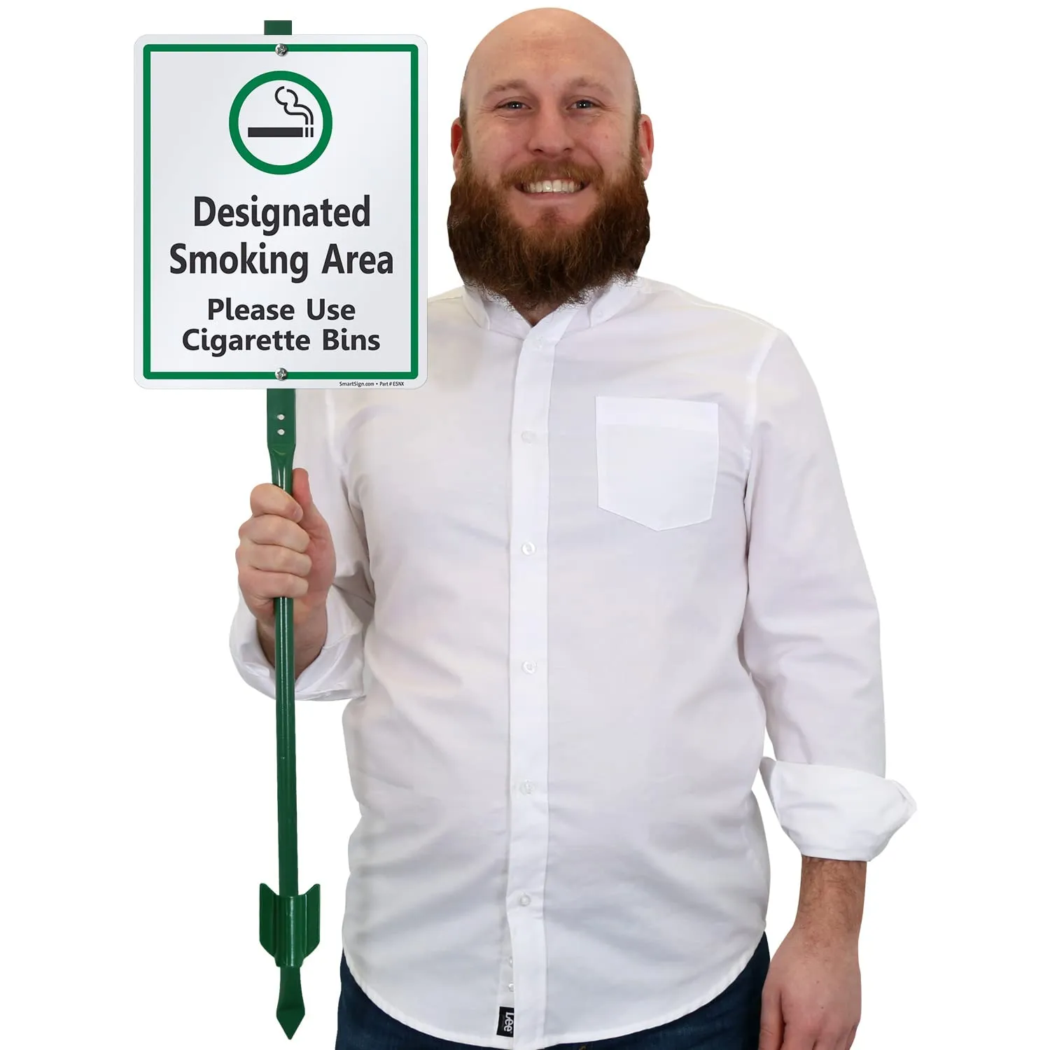 SmartSign 12 x 10 inch “Designated Smoking Area - Please Use Cigarette Bins” Yard Sign with 3 foot Stake, 40 mil Laminated Rustproof Aluminum, Green, Black and White, Set of 1, Made in USA