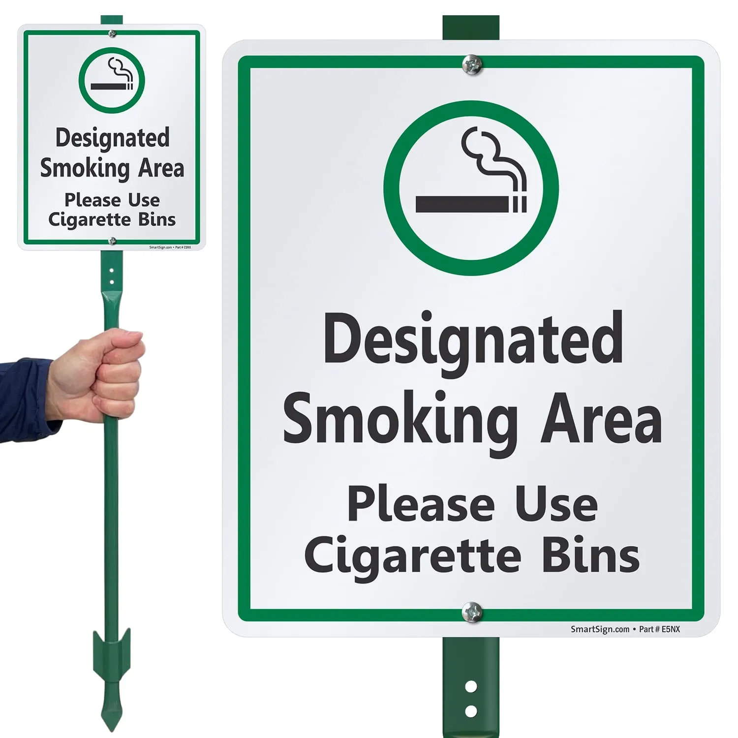 SmartSign 12 x 10 inch “Designated Smoking Area - Please Use Cigarette Bins” Yard Sign with 3 foot Stake, 40 mil Laminated Rustproof Aluminum, Green, Black and White, Set of 1, Made in USA