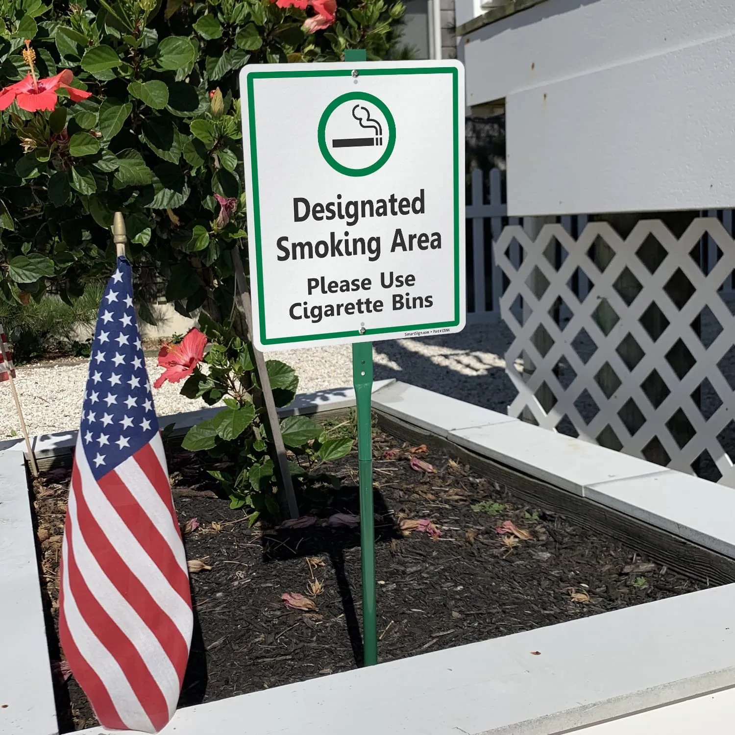 SmartSign 12 x 10 inch “Designated Smoking Area - Please Use Cigarette Bins” Yard Sign with 3 foot Stake, 40 mil Laminated Rustproof Aluminum, Green, Black and White, Set of 1, Made in USA