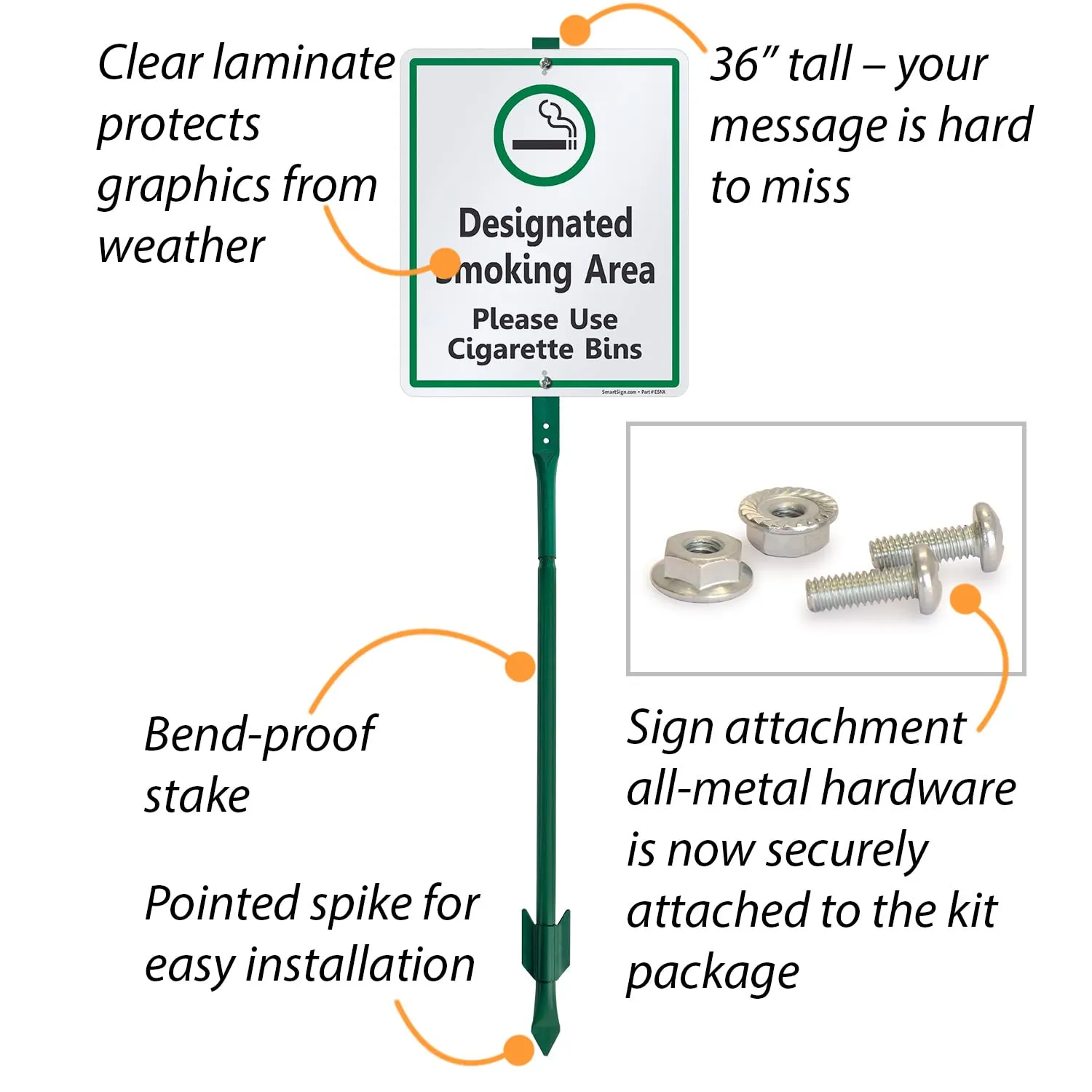 SmartSign 12 x 10 inch “Designated Smoking Area - Please Use Cigarette Bins” Yard Sign with 3 foot Stake, 40 mil Laminated Rustproof Aluminum, Green, Black and White, Set of 1, Made in USA