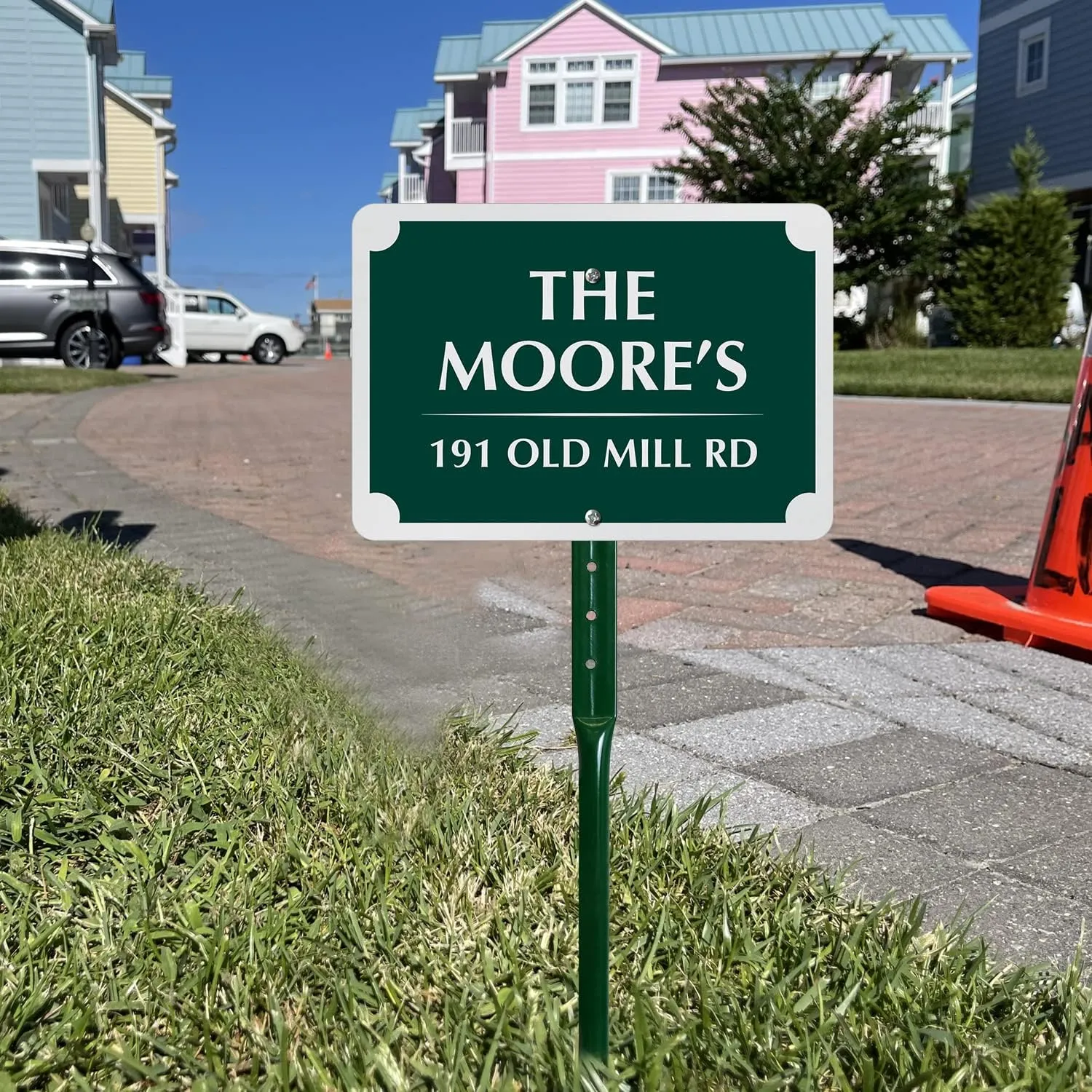 SmartSign 7 x 10 inch Custom Yard Sign with 18 inch Stake - Add Your Name and House Address (Scallop Design), 40 mil Reflective Aluminum With UV-Proof Overcoat, Choose Color, USA-Made