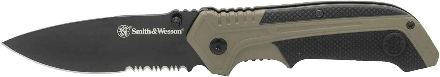 Smith & Wesson 7.75in High Carbon S.S. Spring Assisted Folding Knife with 3.25in Serrated Drop Point Blade and Rubberized Aluminum Handle for Outdoor Survival and EDC,Black