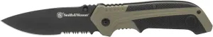 Smith & Wesson 7.75in High Carbon S.S. Spring Assisted Folding Knife with 3.25in Serrated Drop Point Blade and Rubberized Aluminum Handle for Outdoor Survival and EDC,Black