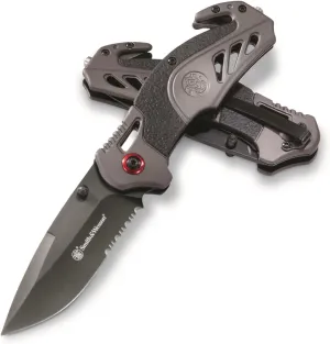Smith & Wesson 8in High Carbon S.S. Spring Assisted Folding Knife with 3.25in Serrated Drop Point Blade and Rubberized Aluminum Handle for Outdoor Survival and EDC