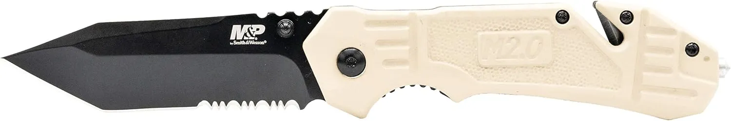 Smith & Wesson M&P FDE 8.2in High Carbon S.S. Spring Assisted Folding Knife with 8in Serrated Tanto Blade and Rubberized Handle for Outdoor Survival and EDC, One Size