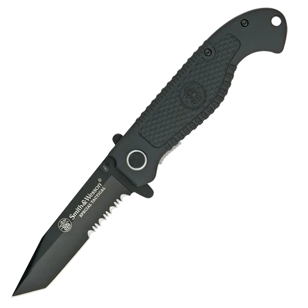 Smith & Wesson Special Tactical Linerlock 4 5/8" closed, 3 3/8" Blade. Partially serrated black finish stainless Tanto blade with dual thumb studs.