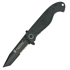 Smith & Wesson Special Tactical Linerlock 4 5/8" closed, 3 3/8" Blade. Partially serrated black finish stainless Tanto blade with dual thumb studs.