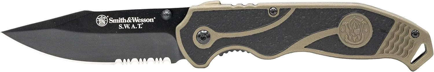 Smith & Wesson SWAT II 8.5in S.S. Spring Assisted Folding Knife with 3.5in Serrated Drop Point and Rubberized Aluminum Handle for Outdoor Survival and EDC