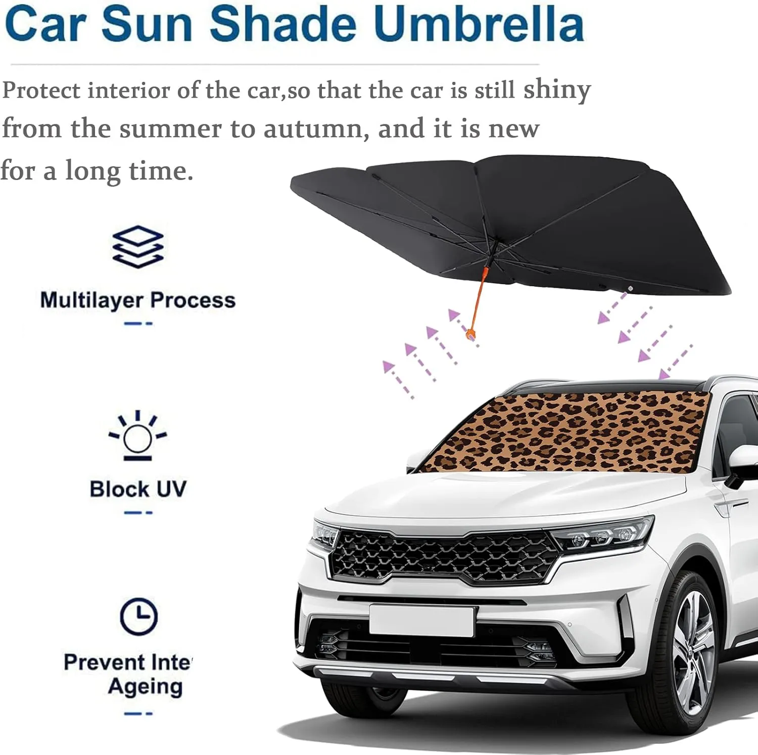 Socira Leopard Print Car Windshield Sunshade Umbrella, 57" x 30", Blocks UV Rays, Keeps Car Cool, Foldable, Compatible with Most Cars, Trucks, SUVs