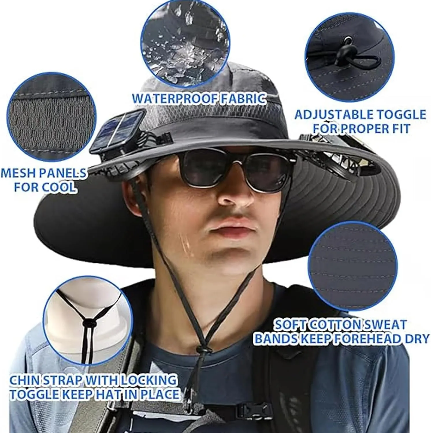 Solar Powered Fan Cooling Hat – for Outdoor Work and Fishing, Wide Brim Solar Fan Hat, UPF 50  Outdoor Hat