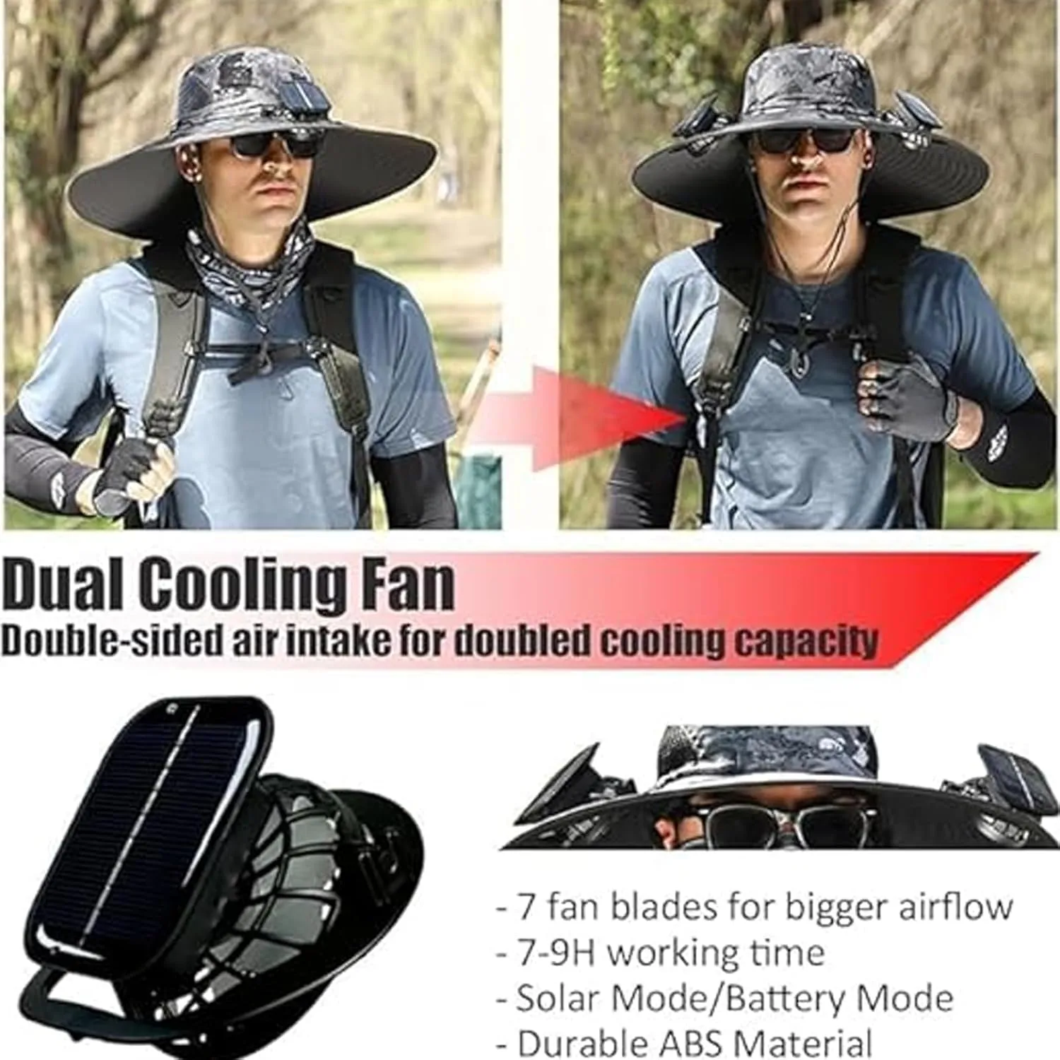Solar Powered Fan Cooling Hat – for Outdoor Work and Fishing, Wide Brim Solar Fan Hat, UPF 50  Outdoor Hat