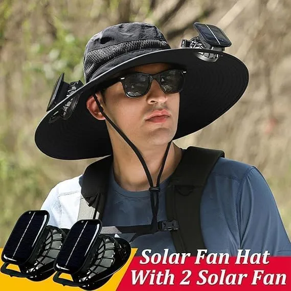 Solar Powered Fan Hat with 2 Removable Fans-Sun Hat for Outdoor Fishing, Hiking Gardening, USB Solar Charging
