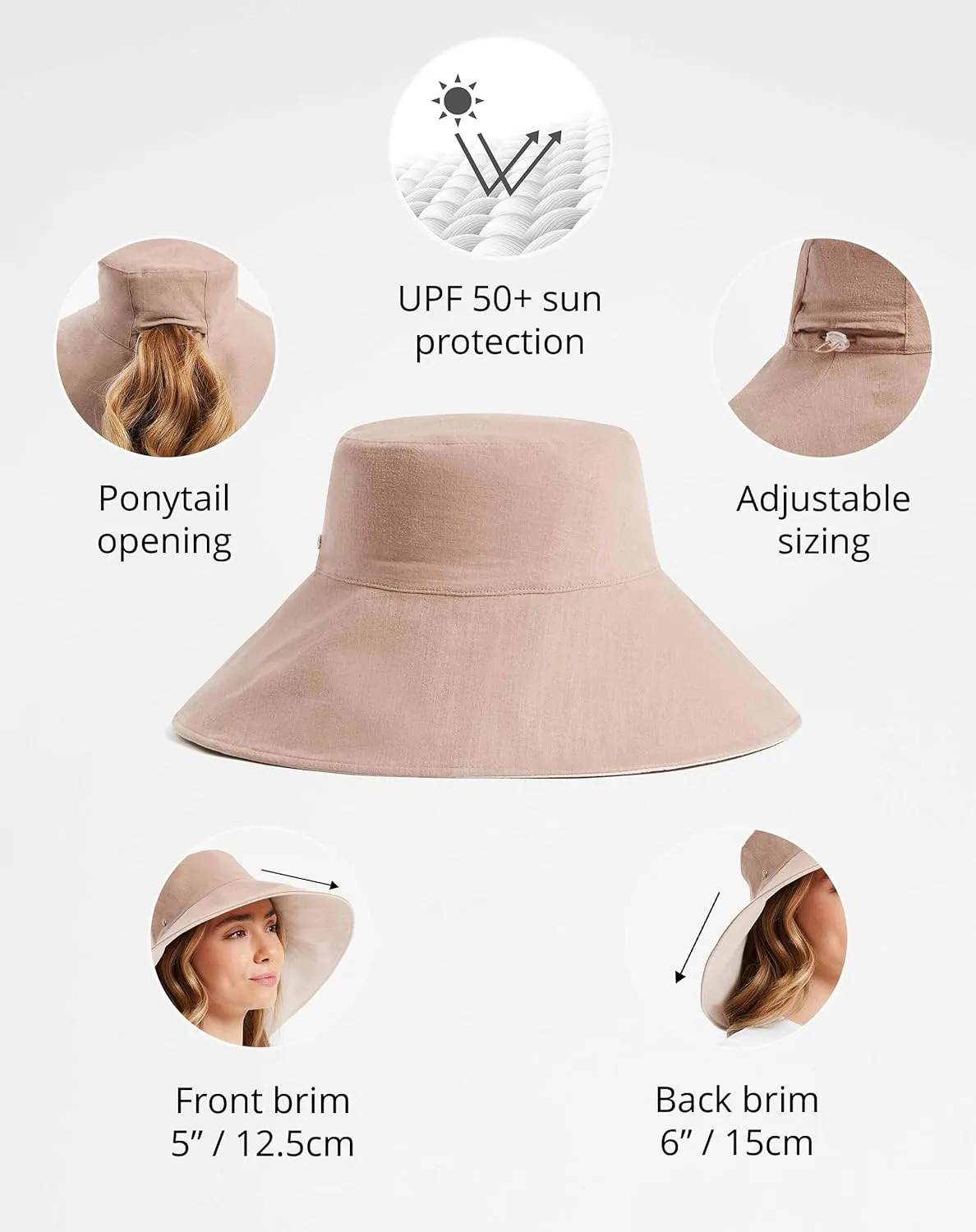 Solbari Women’s Ultra-Wide Cotton Linen Sun Hat UPF 50 , Packable, Adjustable with Ponytail Hole for Travel, Beach & Outdoors