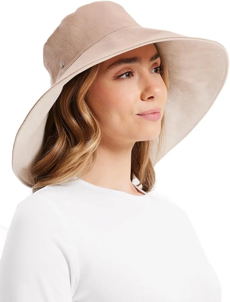 Solbari Women’s Ultra-Wide Cotton Linen Sun Hat UPF 50 , Packable, Adjustable with Ponytail Hole for Travel, Beach & Outdoors