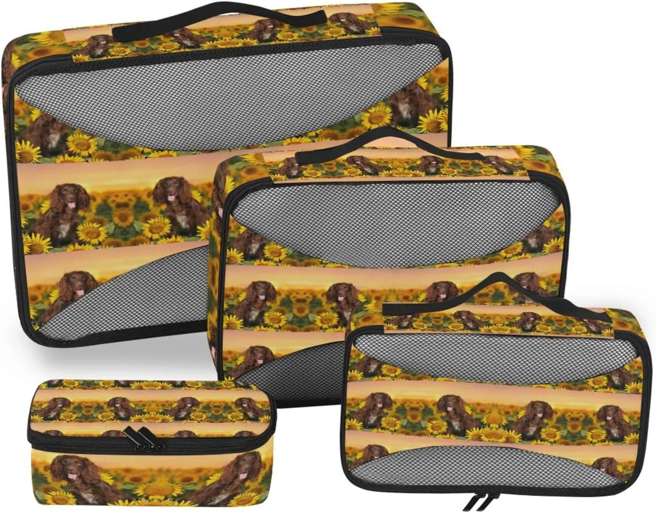 Spaniel at Yellow Sunflowers Field against Sundown Sunset Light 4 PCs Set Packing Bags, Luggage Organizer Bag, Portable Cube Toiletry bag, Durable Travel Cosmetic Storage Bag for Men Women