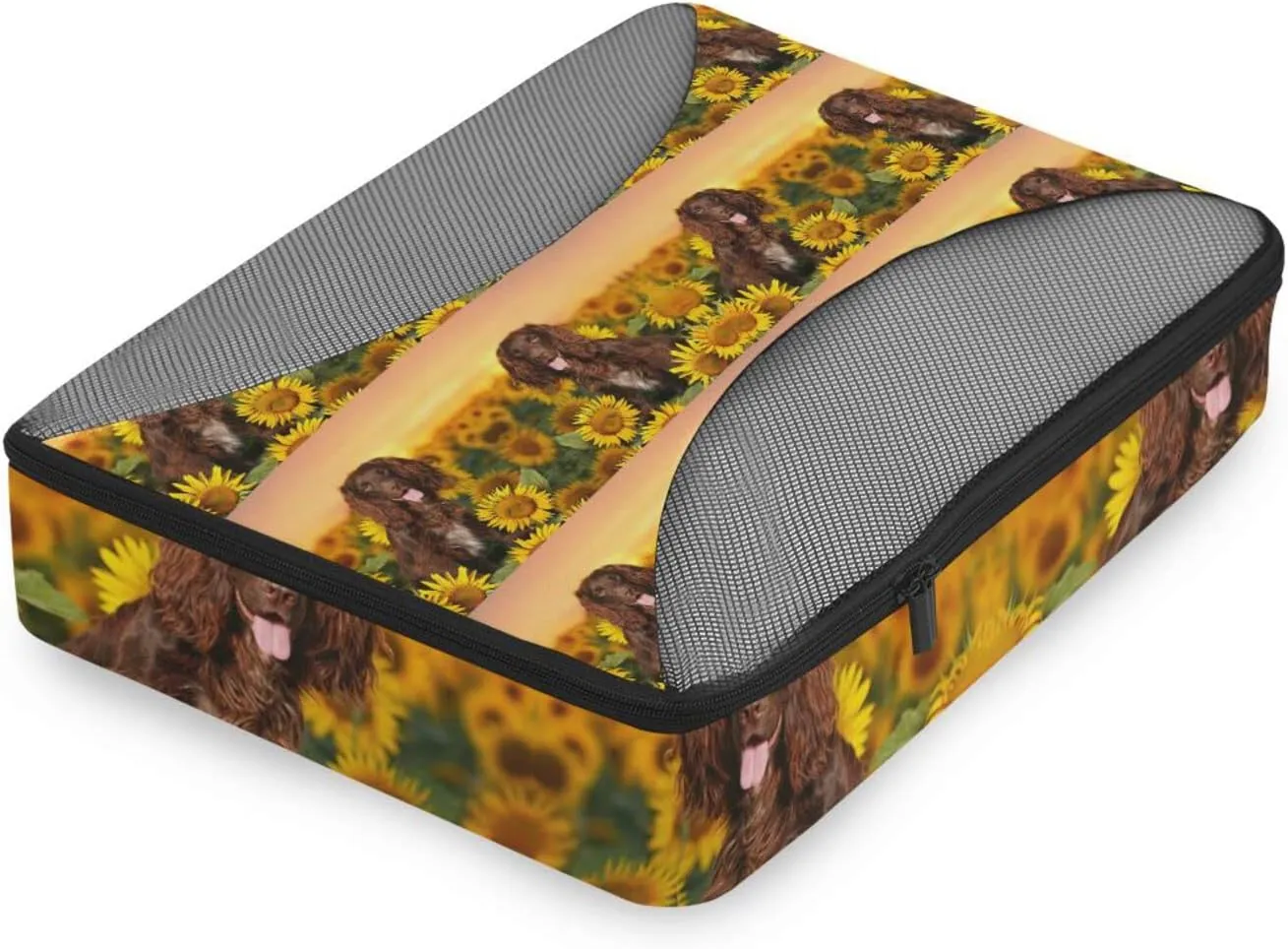 Spaniel at Yellow Sunflowers Field against Sundown Sunset Light 4 PCs Set Packing Bags, Luggage Organizer Bag, Portable Cube Toiletry bag, Durable Travel Cosmetic Storage Bag for Men Women