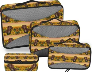 Spaniel at Yellow Sunflowers Field against Sundown Sunset Light 4 PCs Set Packing Bags, Luggage Organizer Bag, Portable Cube Toiletry bag, Durable Travel Cosmetic Storage Bag for Men Women