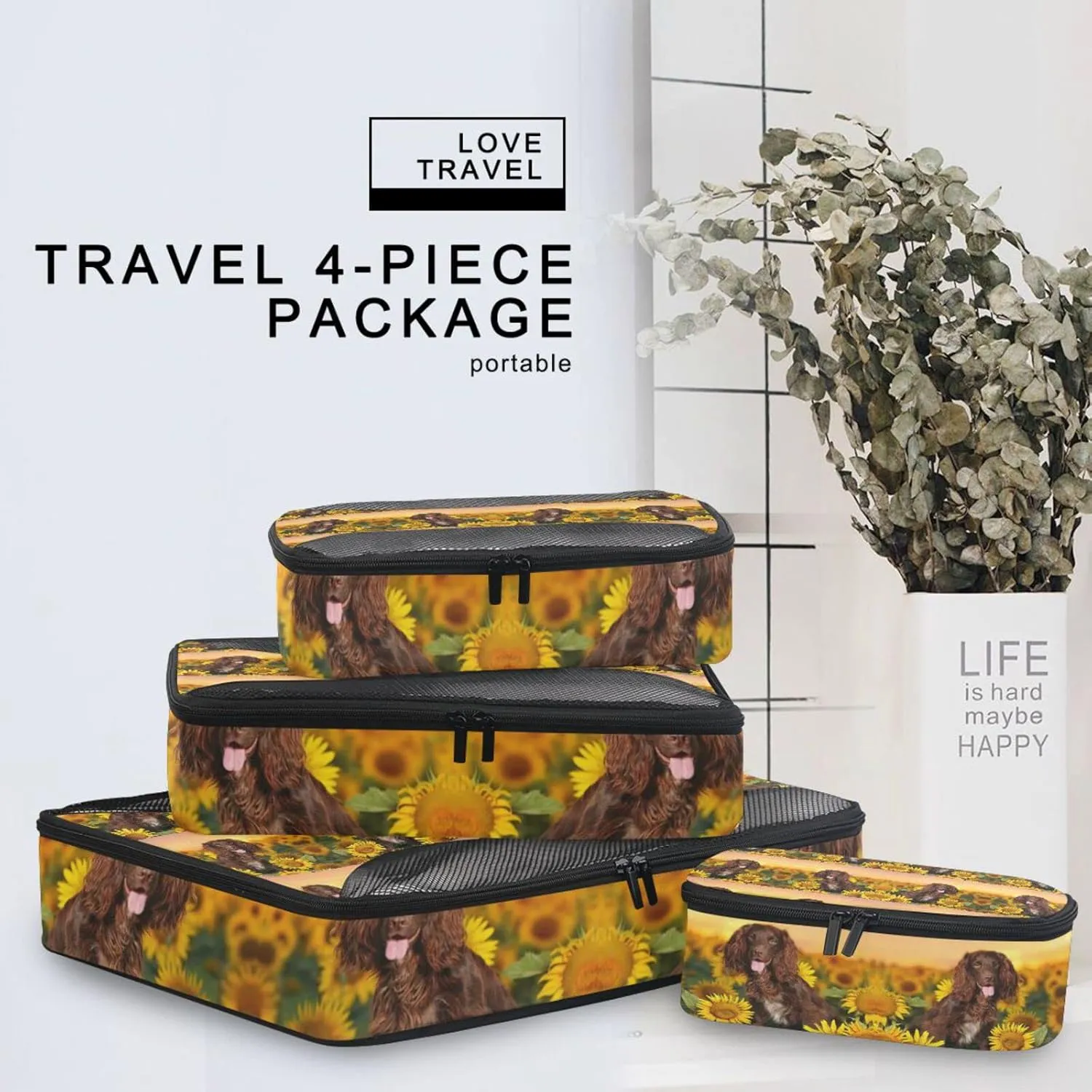 Spaniel at Yellow Sunflowers Field against Sundown Sunset Light 4 PCs Set Packing Bags, Luggage Organizer Bag, Portable Cube Toiletry bag, Durable Travel Cosmetic Storage Bag for Men Women
